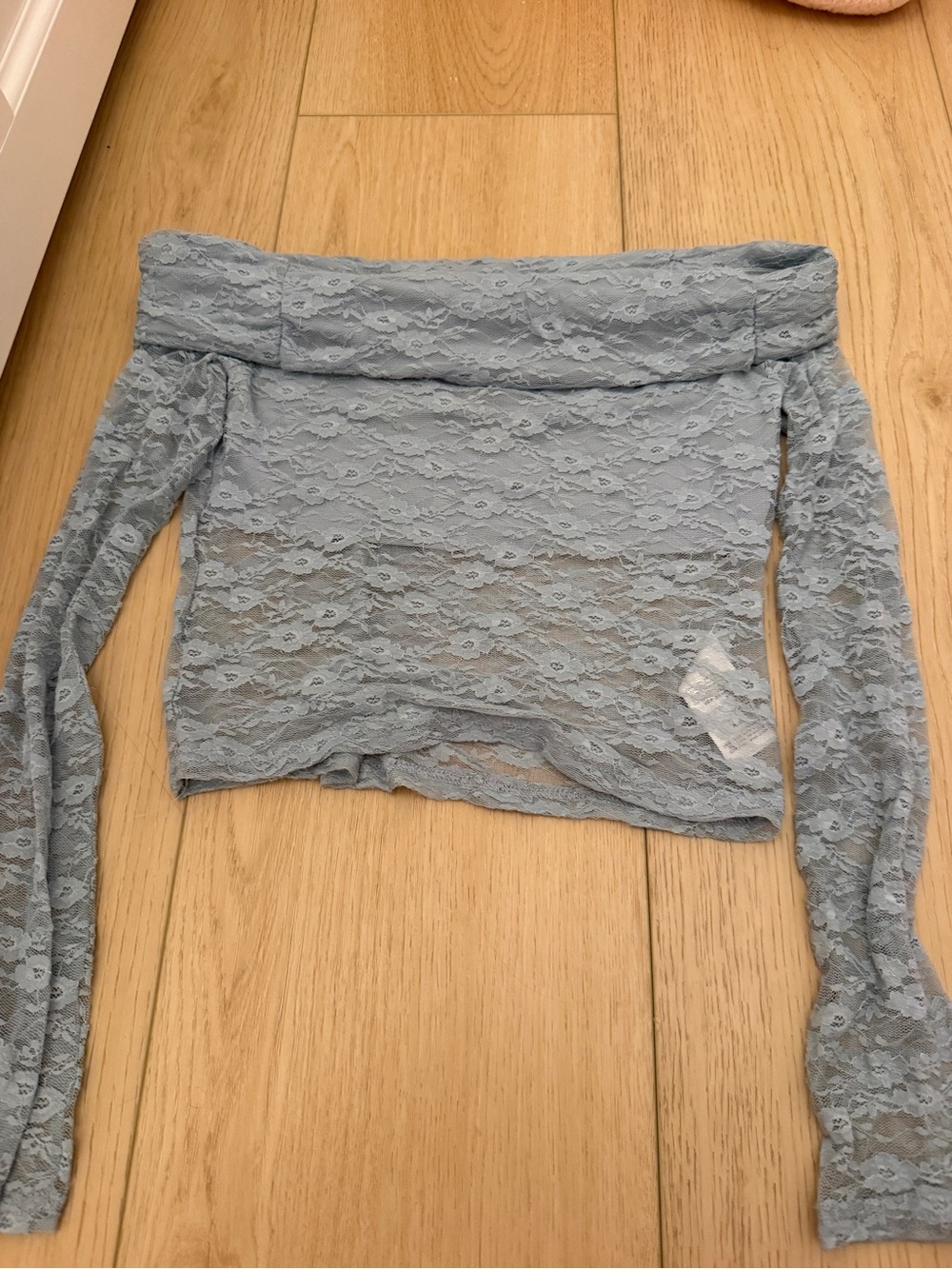 Edikted Light Blue Off-Shoulder Lace Crop Top